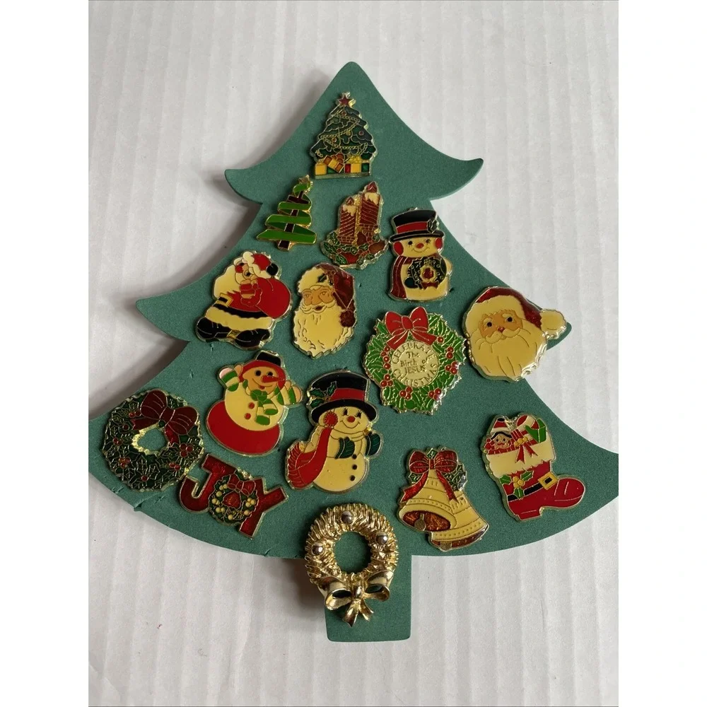 Vintage Christmas Enamel Lapel Pins Pinbacks: Wreath, Snowman, Santa, Lot Of 15